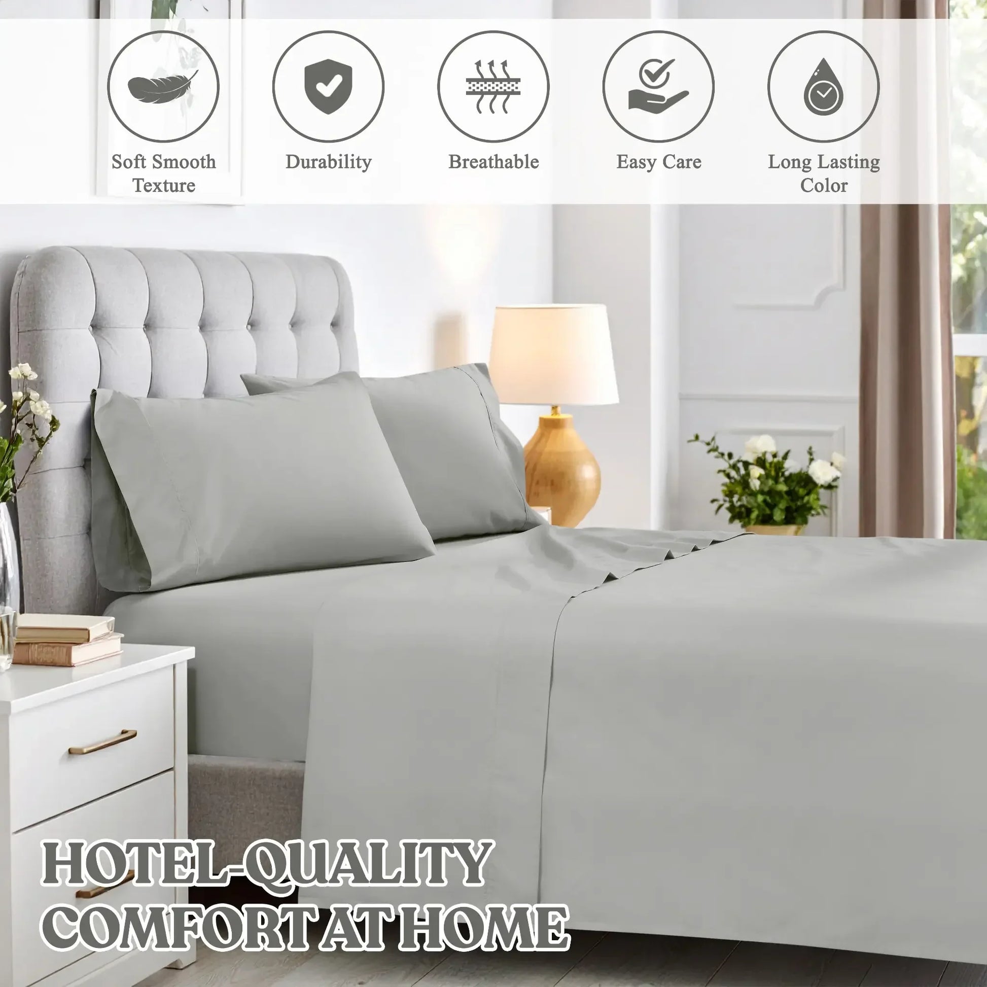 600 Thread Count Cotton Blend Bed Sheet Set Solid Deep Pocket in platinum color