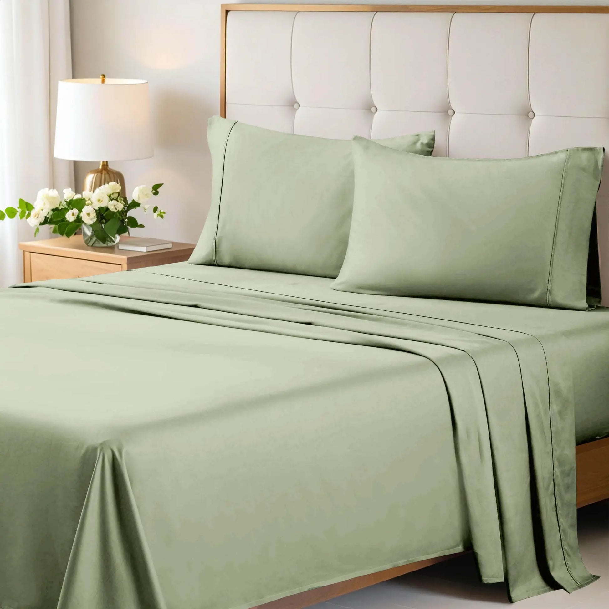 A neatly made bed styled with a sage green 700 Thread Count Egyptian Cotton Sateen Bed Sheet Set, featuring smooth flat and fitted sheets alongside matching pillows