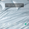 Baby Blue Egyptian Cotton Sateen Sheet Set infographic showing product benefits and Oeko-Tex certification