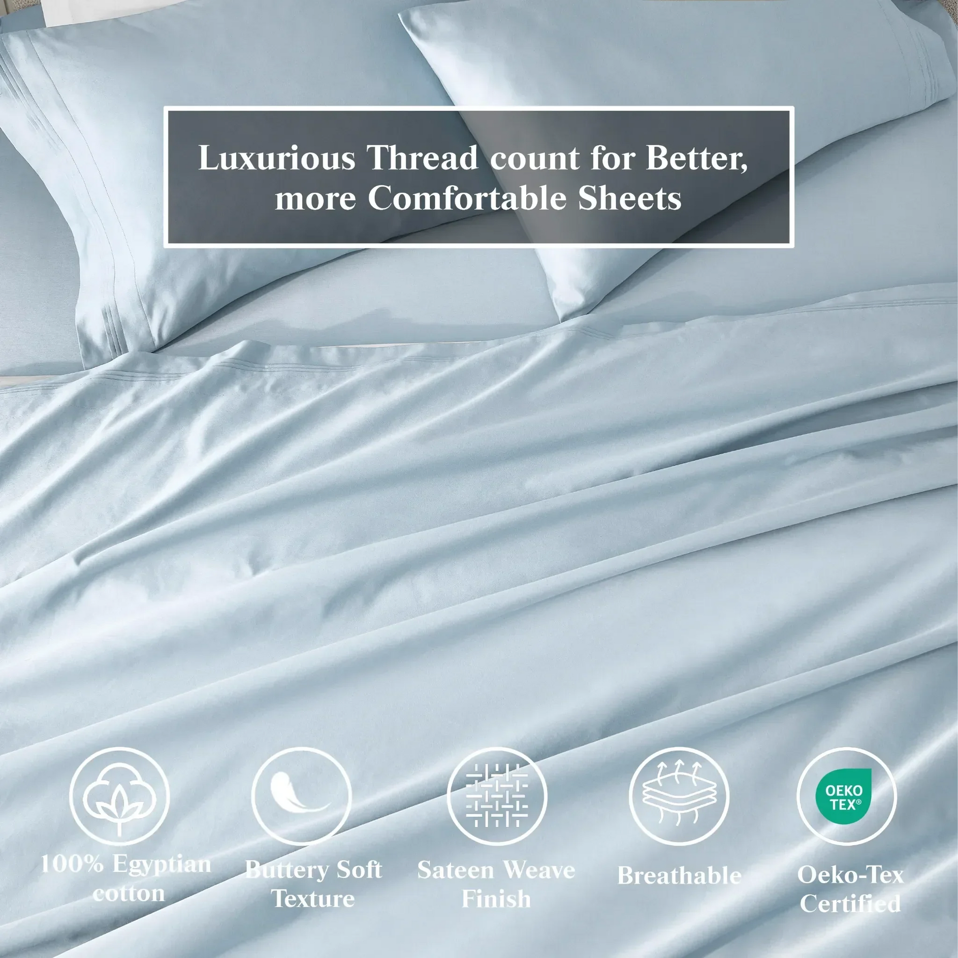 Baby Blue Egyptian Cotton Sateen Sheet Set infographic showing product benefits and Oeko-Tex certification