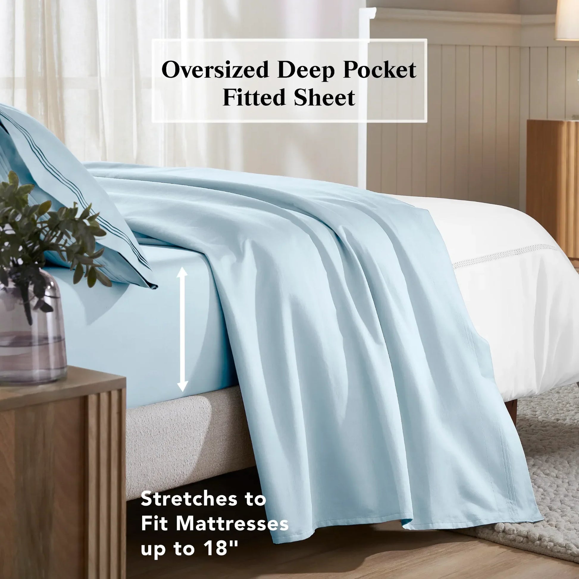 Baby blue deep pocket fitted sheet showing an 18-inch mattress fit feature