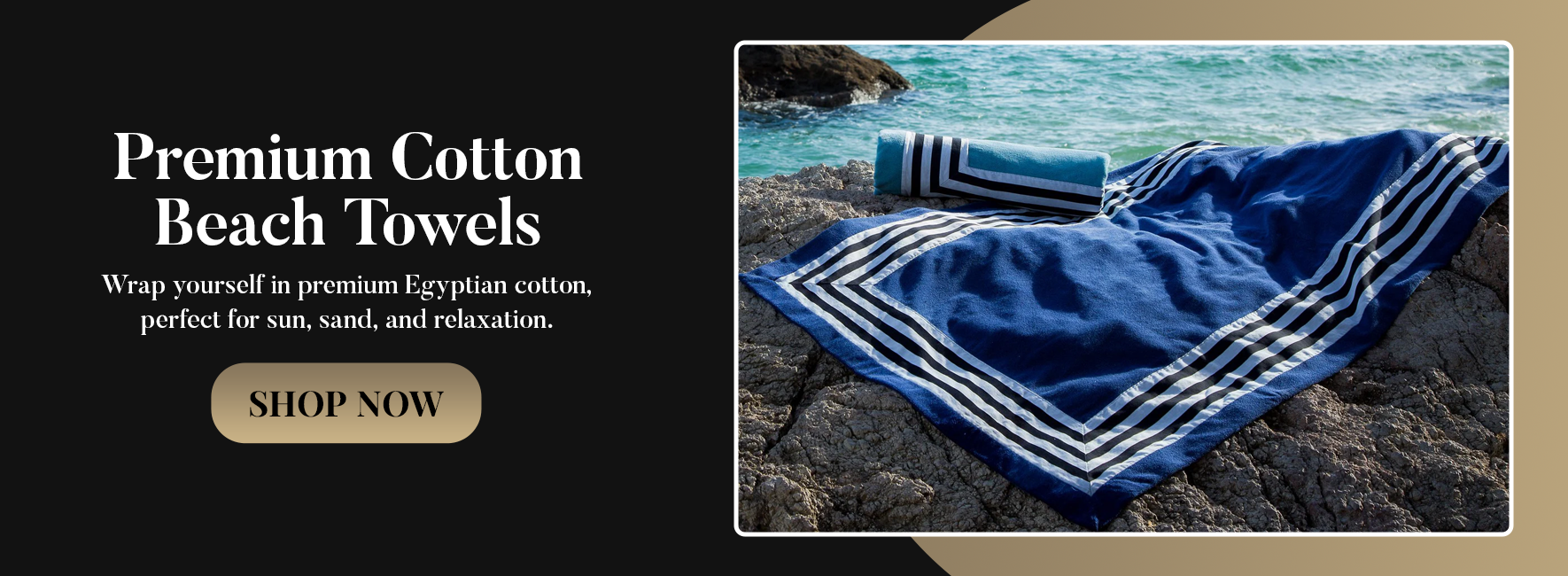 Blue and white striped beach towel on rocks with ocean view, promotional text for premium cotton beach towels.1621243260e1af0c20-0