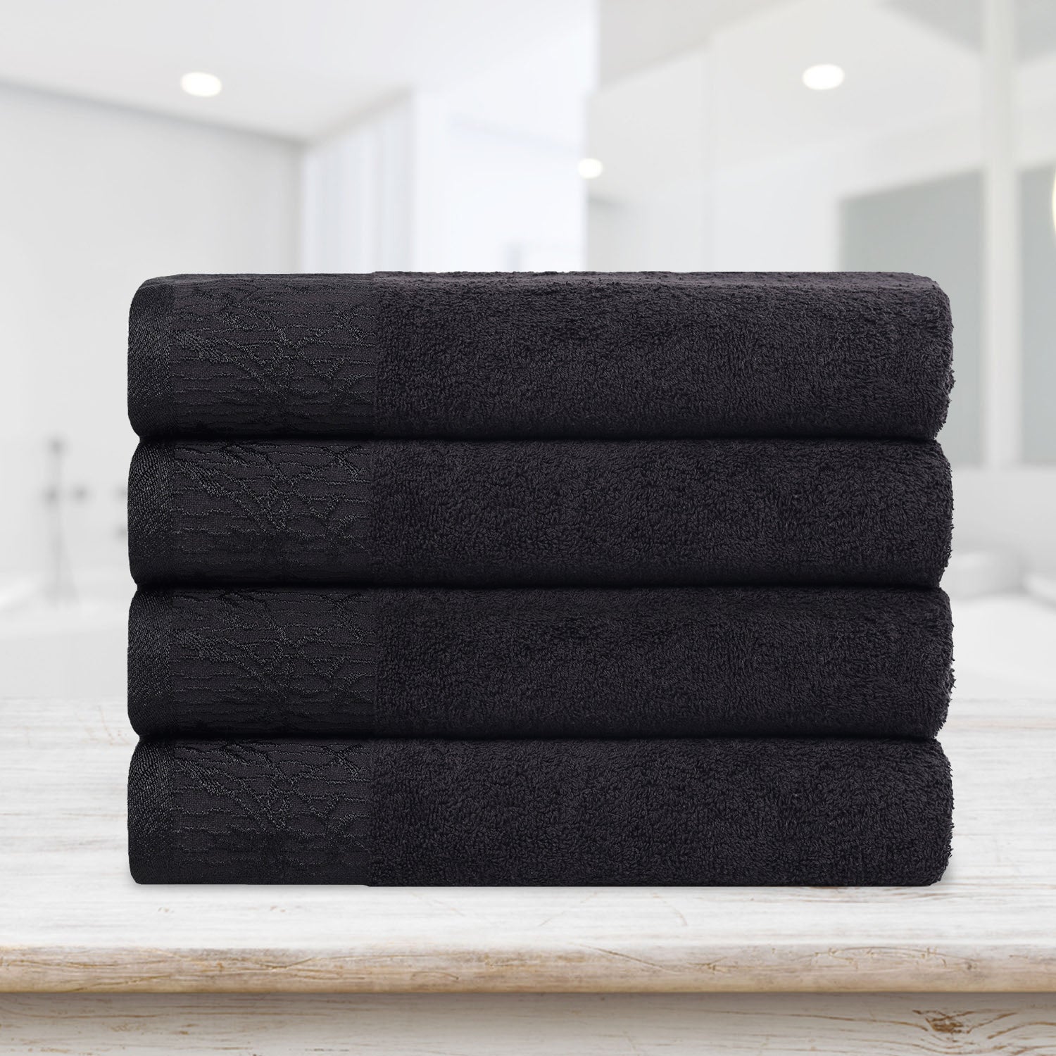Cotton Floral Jacquard Border Bath Towel Set of 4