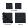 Black 300 Thread Count Modal Sheets Set made from beechwood components overview showing pillowcases, fitted sheet, and flat sheet