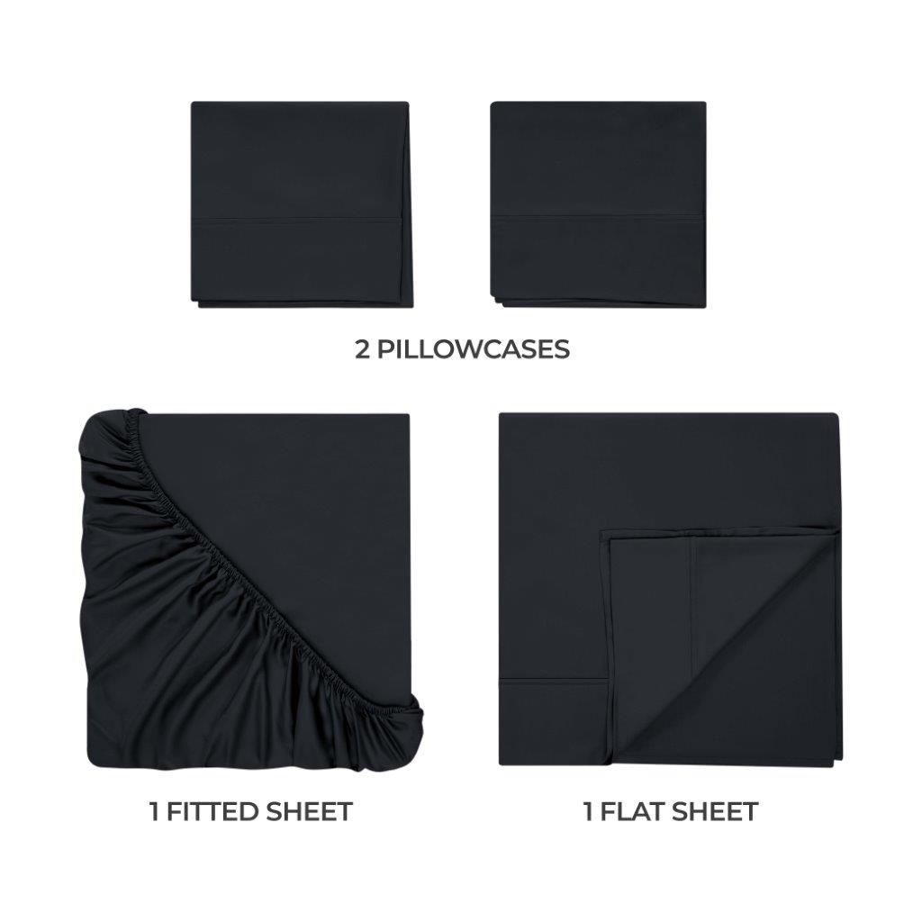 Black 300 Thread Count Modal Sheets Set made from beechwood components overview showing pillowcases, fitted sheet, and flat sheet