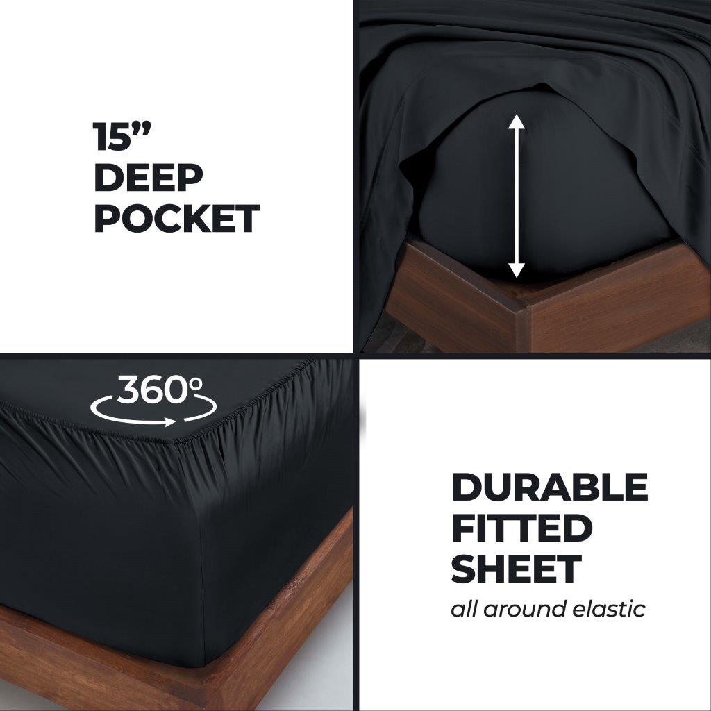 Black 300 Thread Count Modal Sheets Set made from beechwood deep pocket and 360-degree elastic fitted sheet feature detail