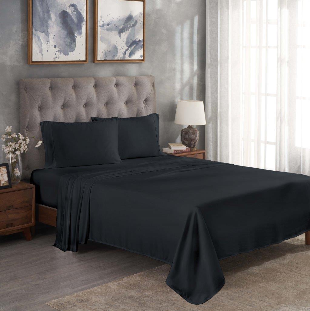 Black 300 Thread Count Modal Sheets Set made from beechwood displayed on a modern staged bed