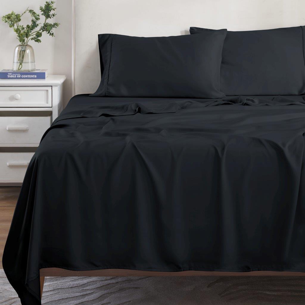 Black 300 Thread Count Modal Sheets Set made from beechwood displayed on a staged bed