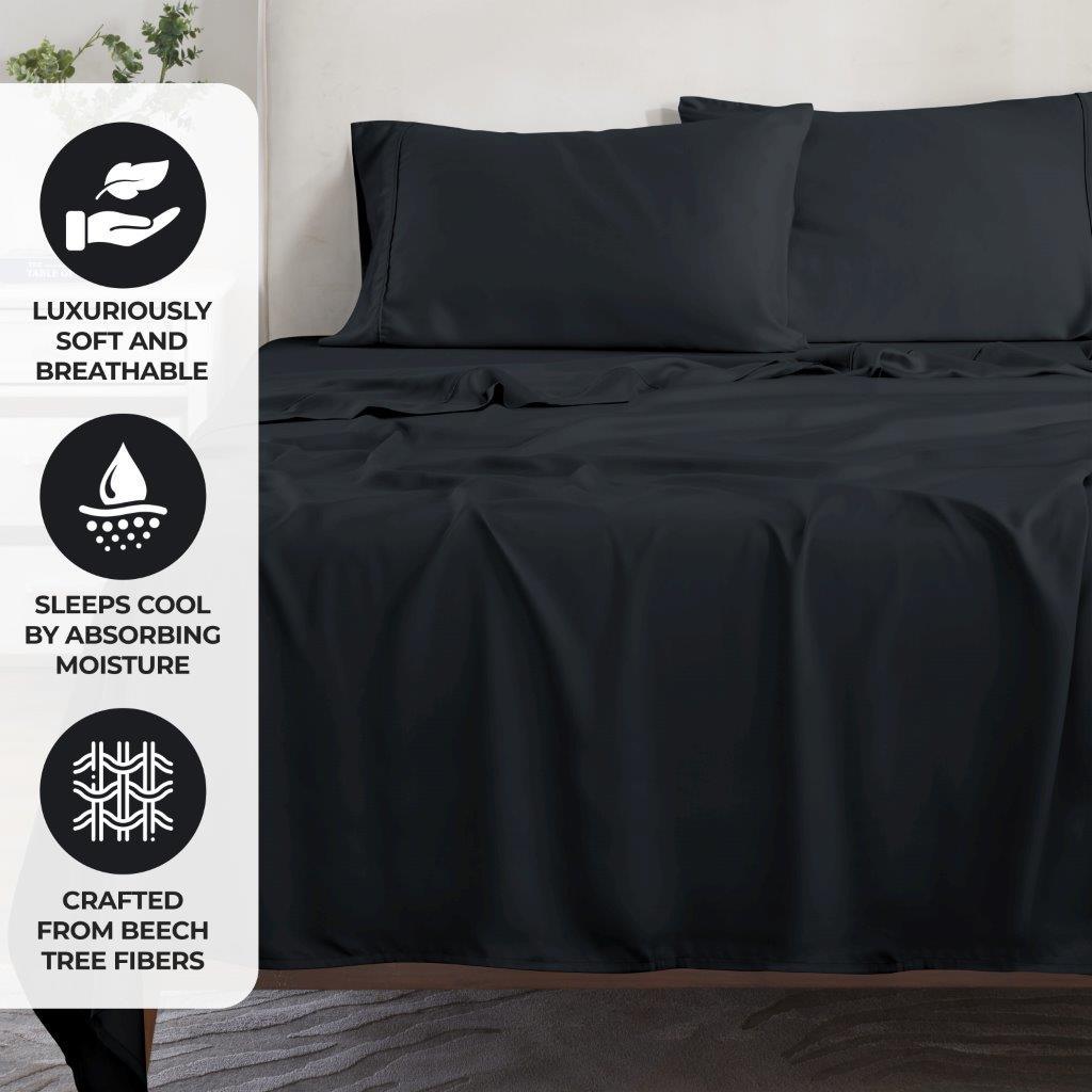 Black 300 Thread Count Modal Sheets Set made from beechwood promotional feature graphic showcasing breathability, moisture absorption, and beechwood material