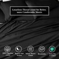 Black Egyptian Cotton Sateen Sheet Set infographic showing product benefits and Oeko-Tex certification