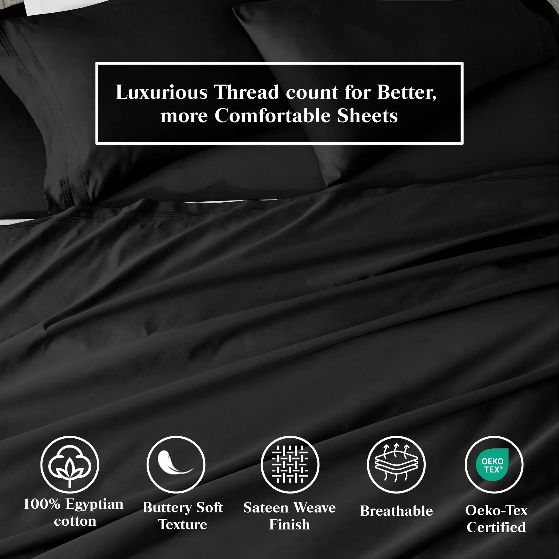 Black Egyptian Cotton Sateen Sheet Set infographic showing product benefits and Oeko-Tex certification