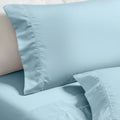 Blue 600 Thread Count Cotton Blend Bed Sheet Set Imperia embroidered hem product layout stack.