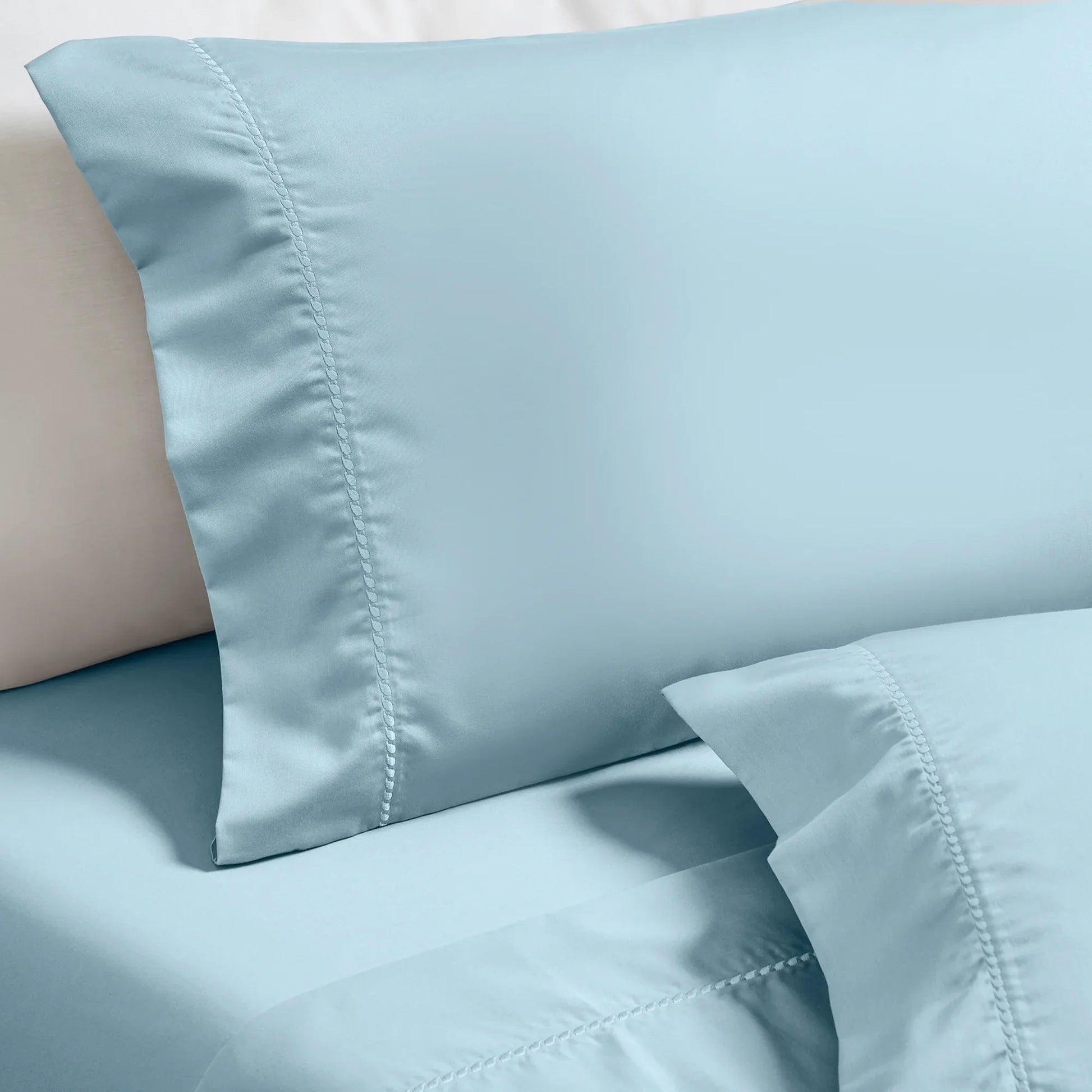 Blue 600 Thread Count Cotton Blend Bed Sheet Set Imperia embroidered hem product layout stack.