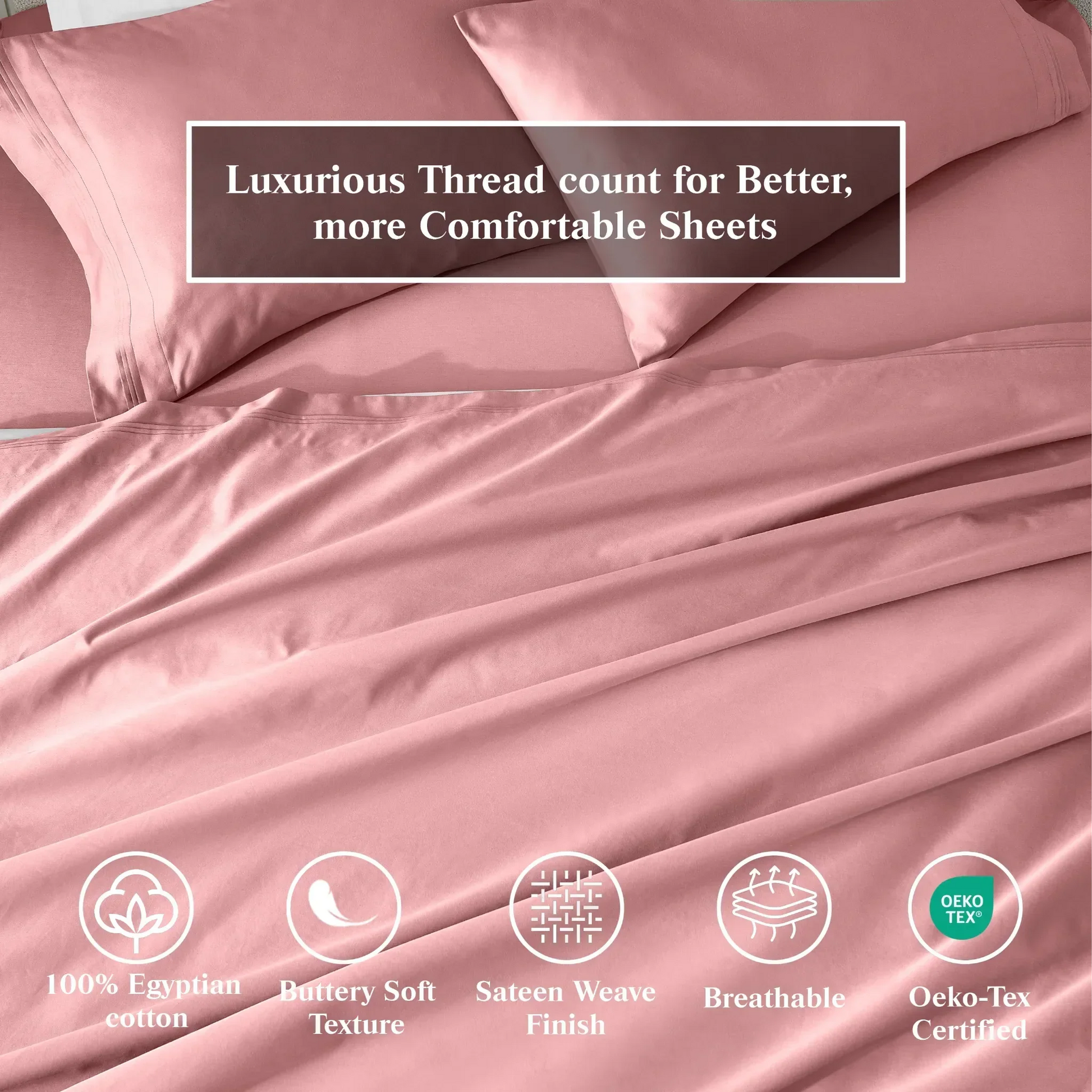 Blush Pink Egyptian Cotton Sateen Sheet Set infographic showing product benefits and Oeko-Tex certification