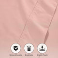 Blush pink 1000 Thread Count Cotton Blend Sheets Set solid deep pocket fabric quality feature graphic highlighting durability, breathability, and smooth feel