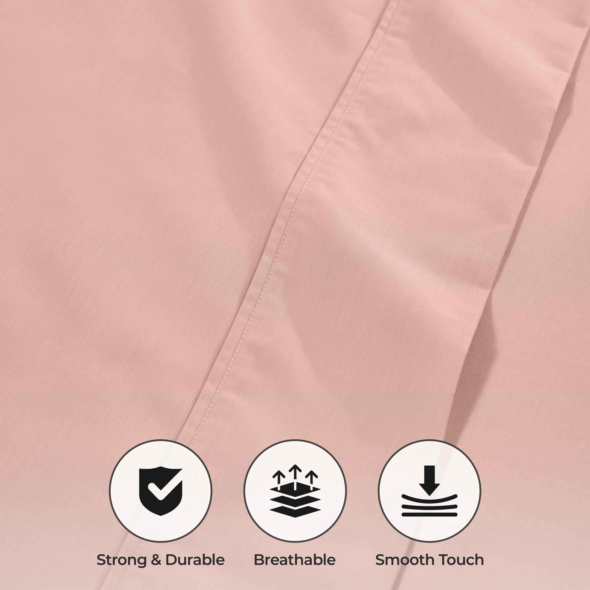 Blush pink 1000 Thread Count Cotton Blend Sheets Set solid deep pocket fabric quality feature graphic highlighting durability, breathability, and smooth feel