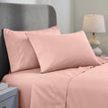 Blush pink 1000 Thread Count Cotton Blend Sheets Set solid deep pocket lifestyle display on a modern staged bed