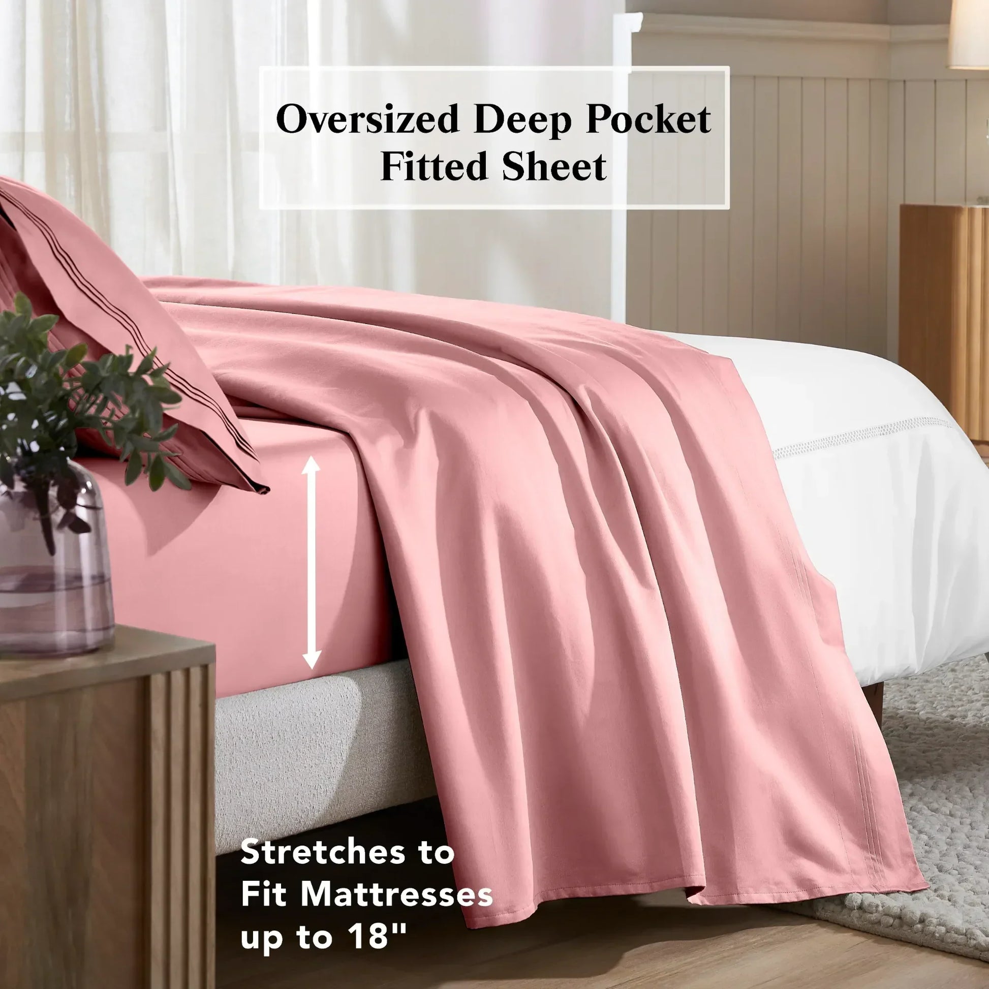 Blush pink deep-pocket Egyptian cotton fitted sheet designed to fit mattresses up to 18 inches deep.