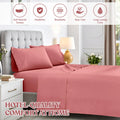 Blush pink cotton blend sheet set graphic highlighting soft texture, durability, breathability, easy care, and long lasting color