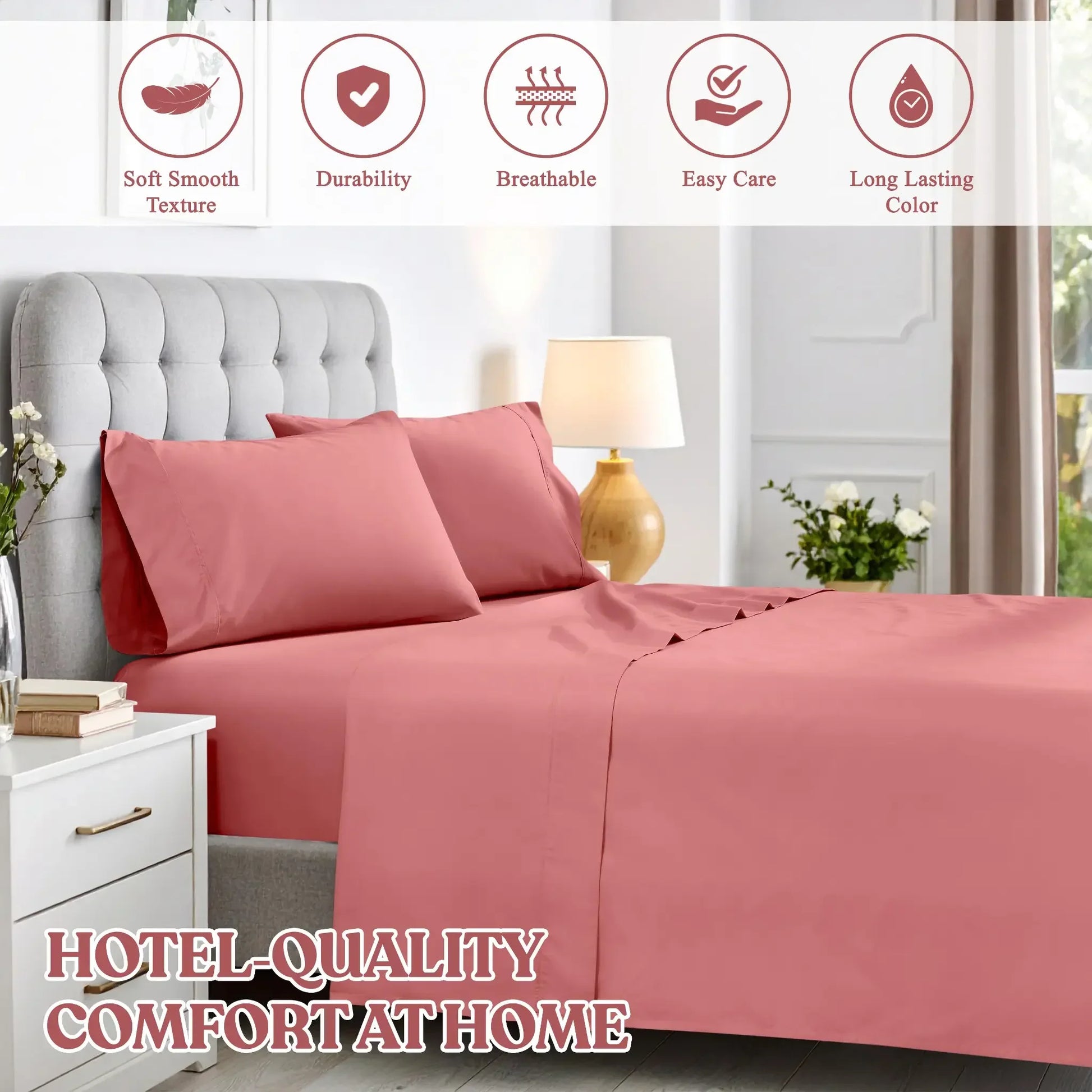 Blush pink cotton blend sheet set graphic highlighting soft texture, durability, breathability, easy care, and long lasting color