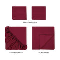Burgundy 300 Thread Count Modal Sheets Set made from beechwood components overview showing pillowcases, fitted sheet, and flat sheet