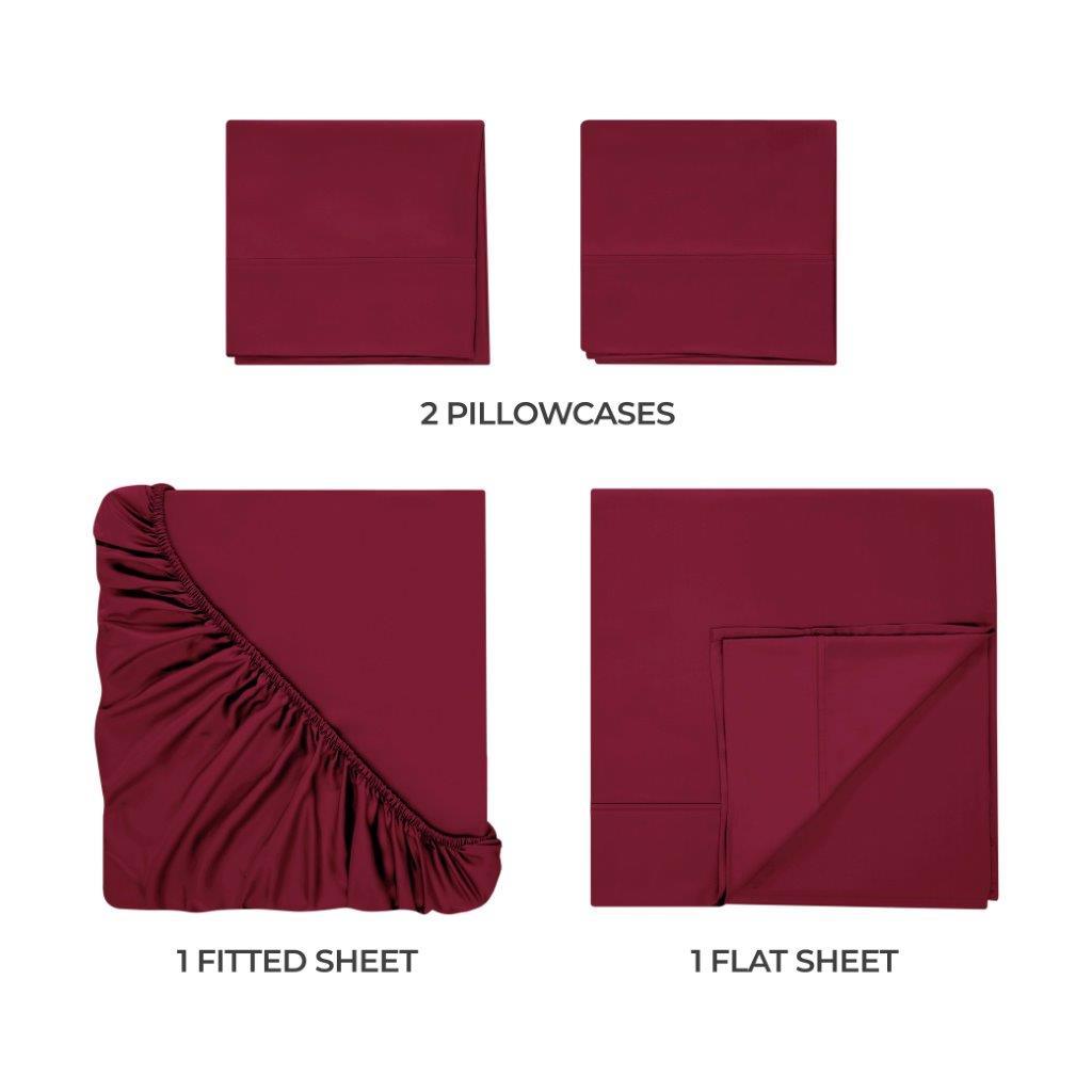 Burgundy 300 Thread Count Modal Sheets Set made from beechwood components overview showing pillowcases, fitted sheet, and flat sheet