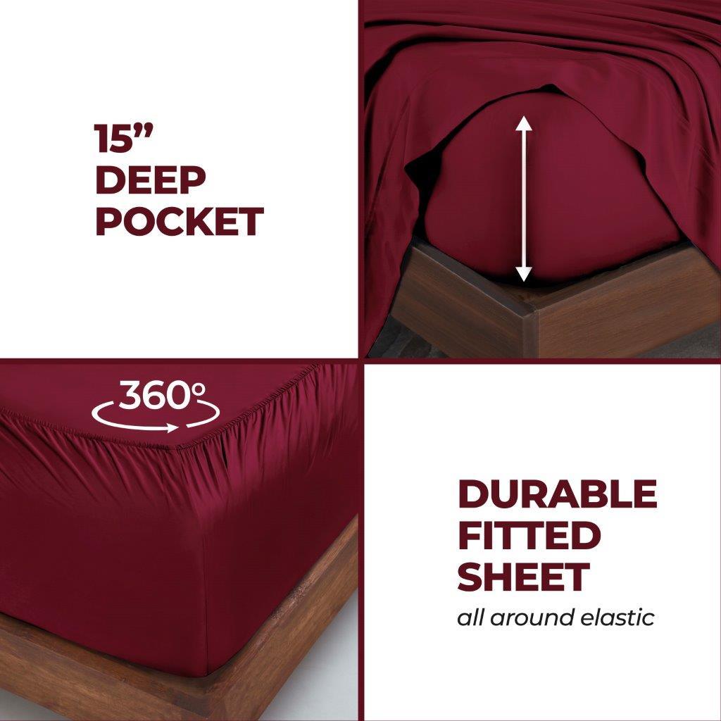 Burgundy 300 Thread Count Modal Sheets Set made from beechwood deep pocket and 360-degree elastic fitted sheet feature detail