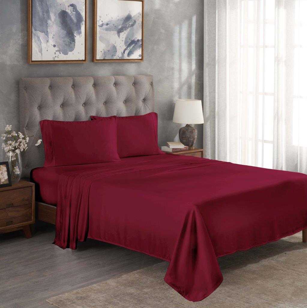 Burgundy 300 Thread Count Modal Sheets Set made from beechwood displayed on a modern staged bed