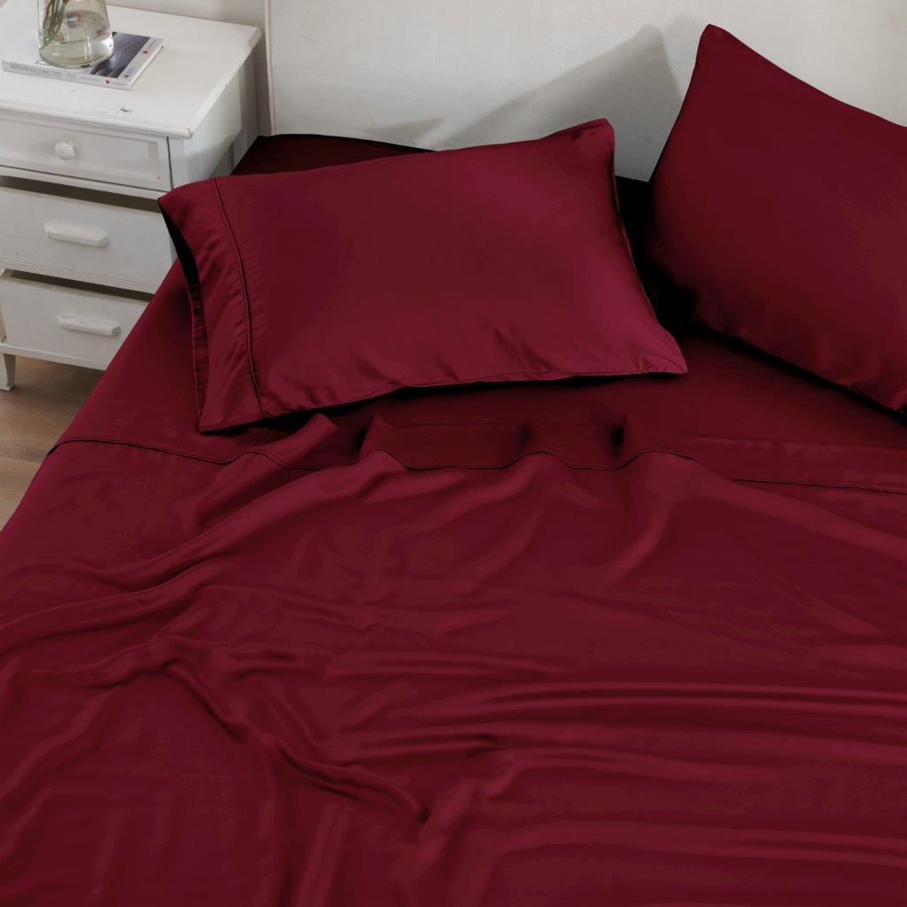 Burgundy 300 Thread Count Modal Sheets Set made from beechwood lifestyle close-up view