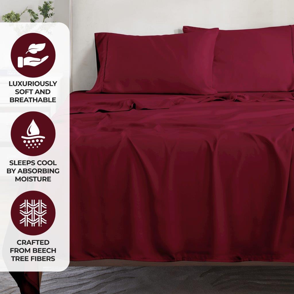 Burgundy 300 Thread Count Modal Sheets Set made from beechwood promotional feature graphic showcasing breathability, moisture absorption, and beechwood material