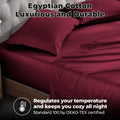 Burgundy 700 Thread Count Egyptian Cotton Sateen Bed Sheet Set promotional lifestyle image with features