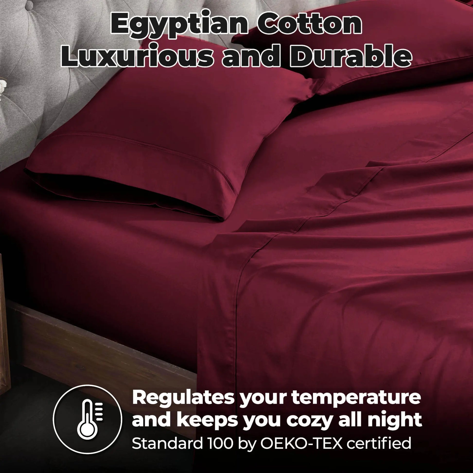 Burgundy 700 Thread Count Egyptian Cotton Sateen Bed Sheet Set promotional lifestyle image with features