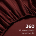 Burgundy Egyptian Cotton fitted sheet showing 360-degree all-around elastic feature