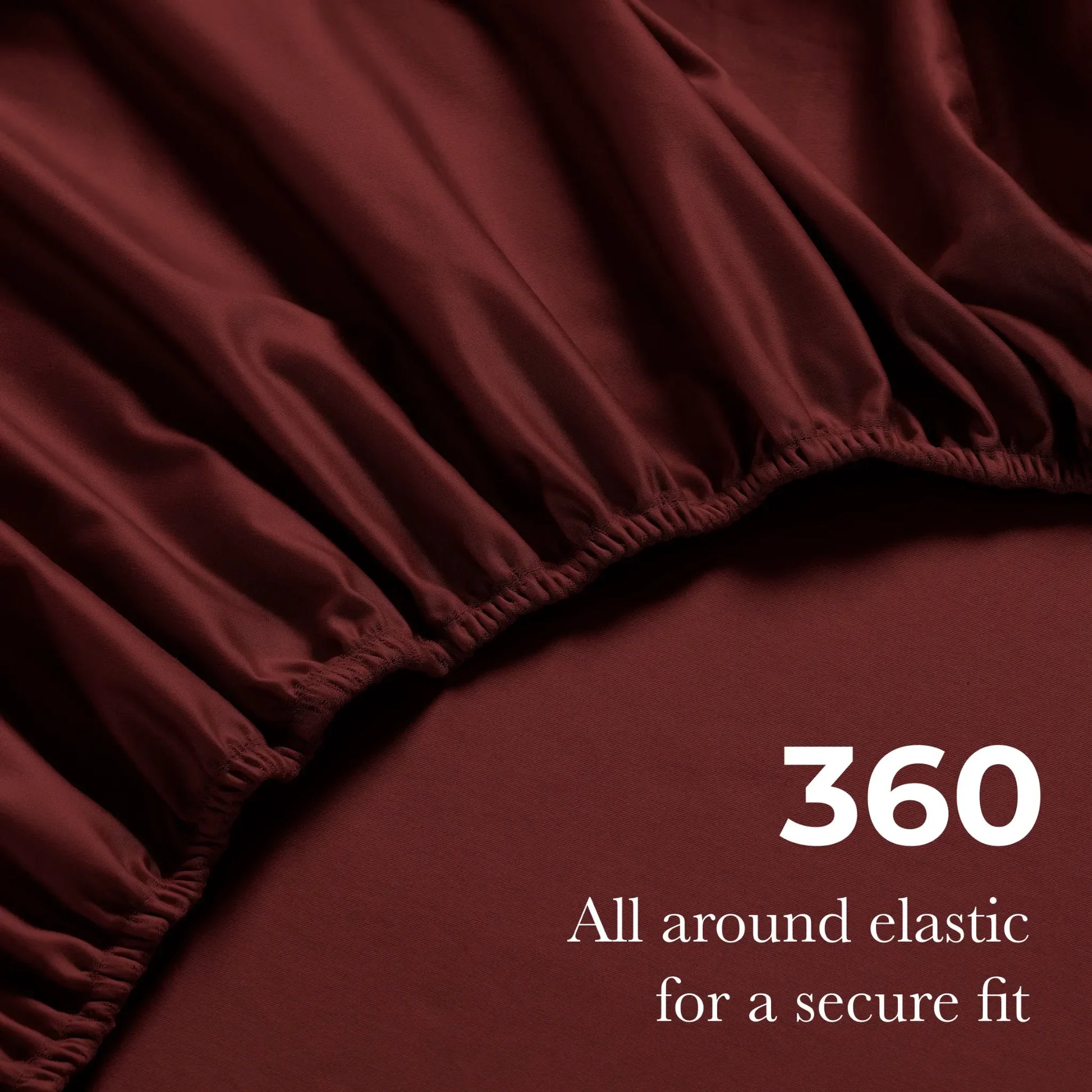 Burgundy Egyptian Cotton fitted sheet showing 360-degree all-around elastic feature