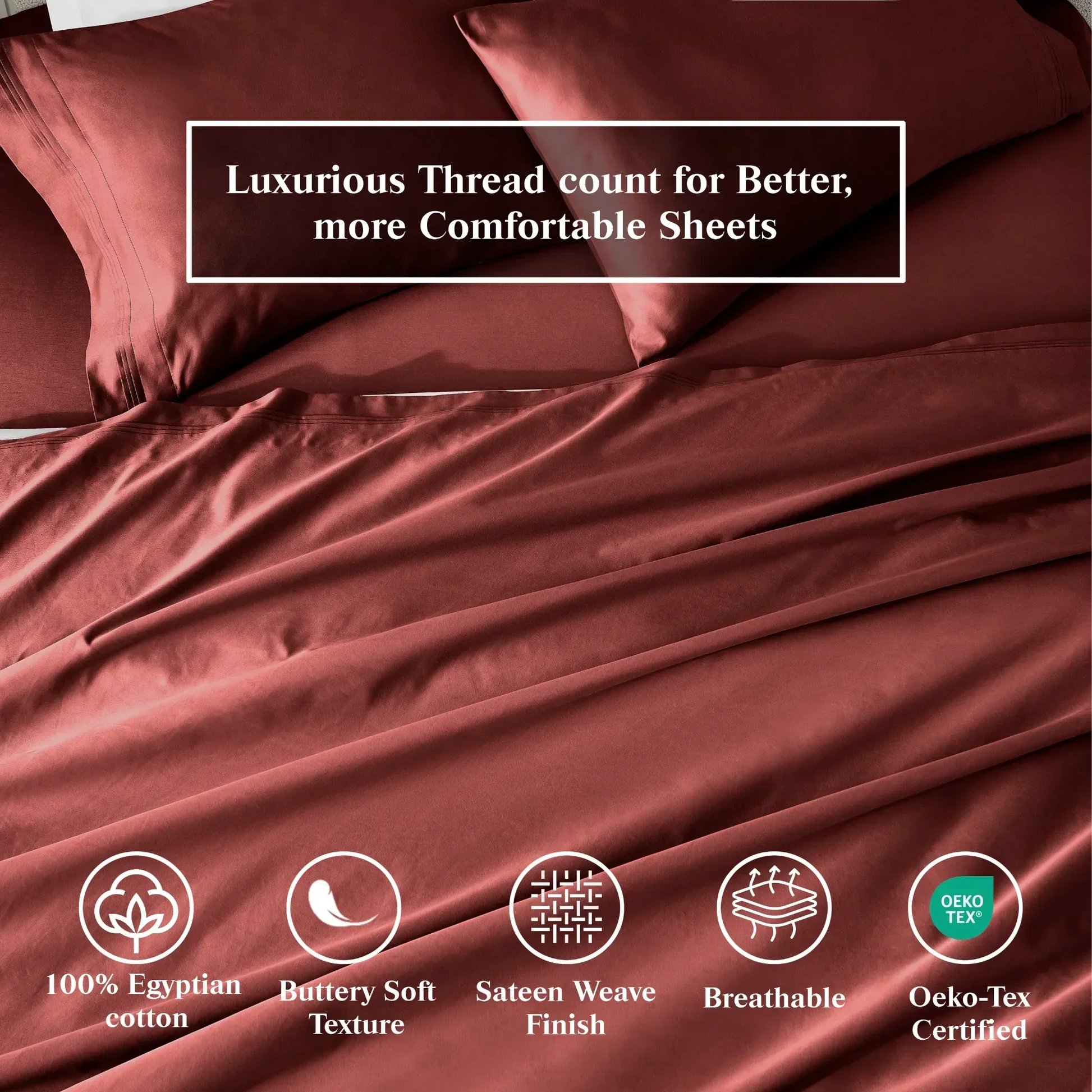 Burgundy Egyptian cotton bedding set with icons highlighting features: 100% Egyptian cotton, buttery soft texture, sateen weave finish, breathable, and Oeko-Tex certified
