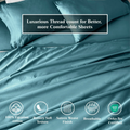 Caribbean Blue Egyptian Cotton Sateen Sheet Set infographic showing product benefits and Oeko-Tex certification