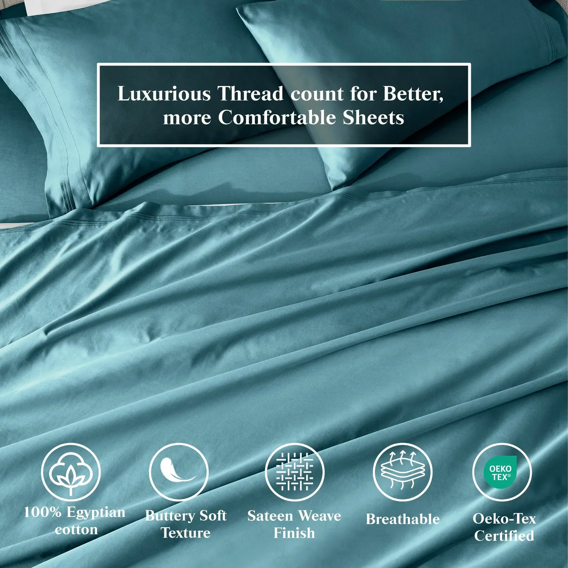 Caribbean Blue Egyptian Cotton Sateen Sheet Set infographic showing product benefits and Oeko-Tex certification