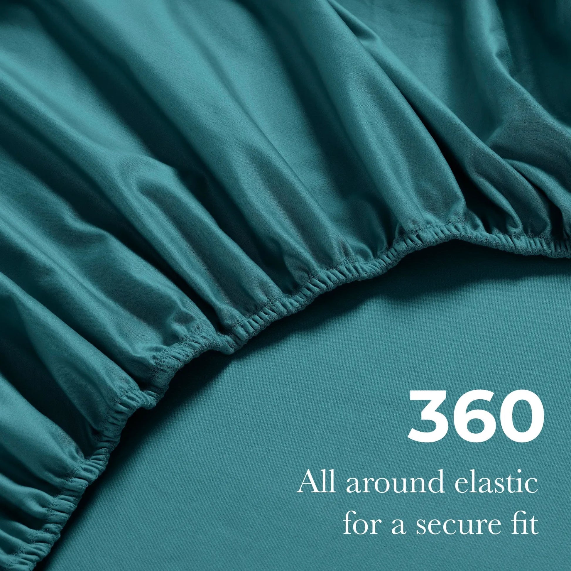 Caribbean blue Egyptian Cotton fitted sheet showing 360-degree all-around elastic feature