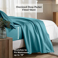 Caribbean blue deep pocket fitted sheet showing an 18-inch mattress fit feature