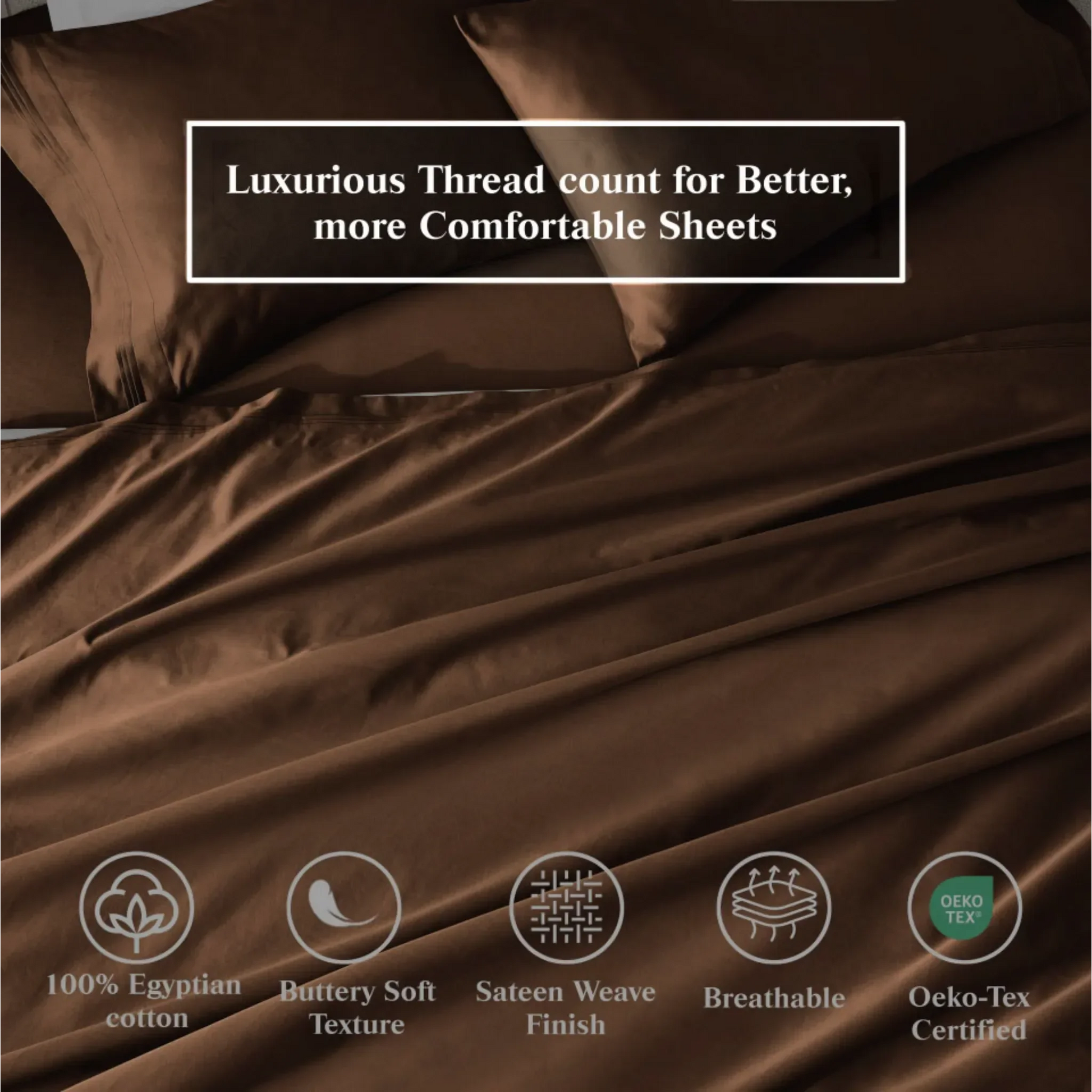 Chocolate Brown Egyptian Cotton Sateen Sheet Set infographic showing product benefits and Oeko-Tex certification