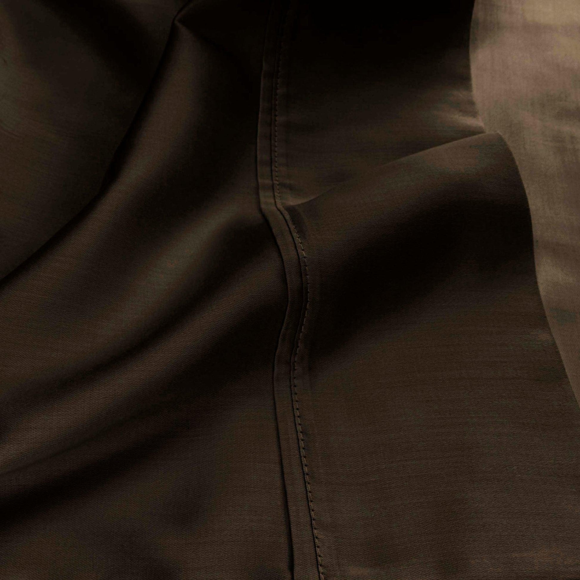 Chocolate brown 530 Thread Count Egyptian Cotton Sateen sheet hem and stitching detail close-up