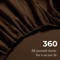 Chocolate brown Egyptian Cotton fitted sheet showing 360-degree all-around elastic feature