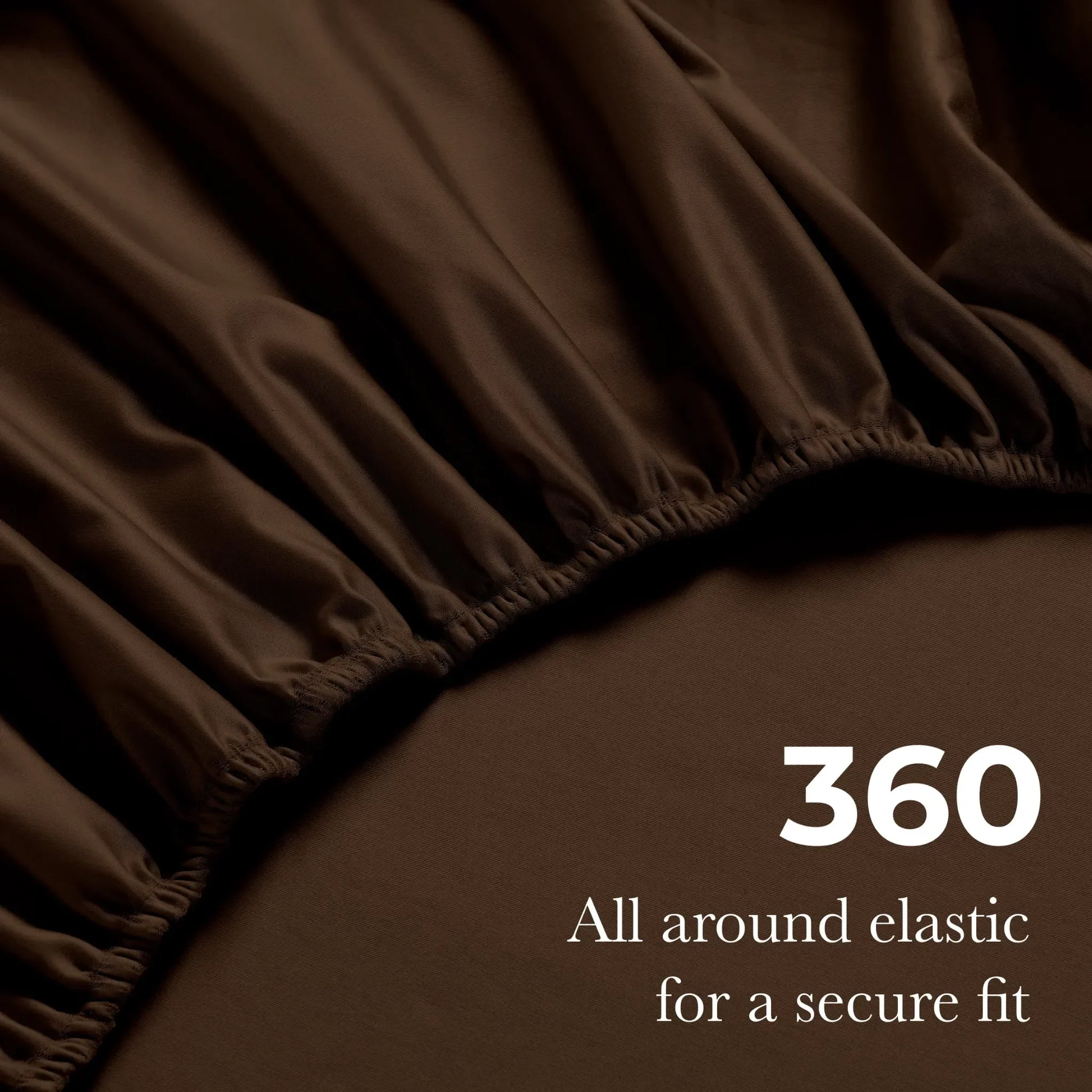Chocolate brown Egyptian Cotton fitted sheet showing 360-degree all-around elastic feature