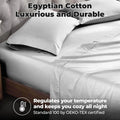 Chrome 700 Thread Count Egyptian Cotton Sateen Bed Sheet Set promotional lifestyle image with features