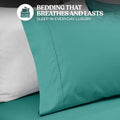 Close-up of 600 thread count cotton blend teal pillowcases highlighting smooth fabric texture and quality