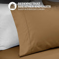 Close-up view of a taupe brown cotton blend pillowcase showing stitched hem detailing and fabric texture
