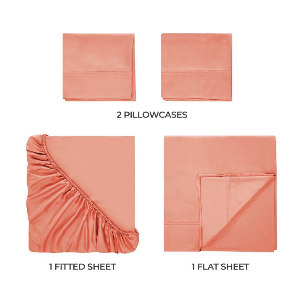 Coral 300 Thread Count Modal Sheets Set made from beechwood components overview showing pillowcases, fitted sheet, and flat sheet