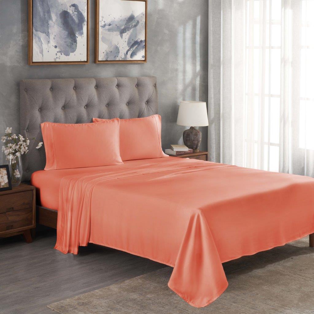 Coral 300 Thread Count Modal Sheets Set made from beechwood displayed on a modern staged bed
