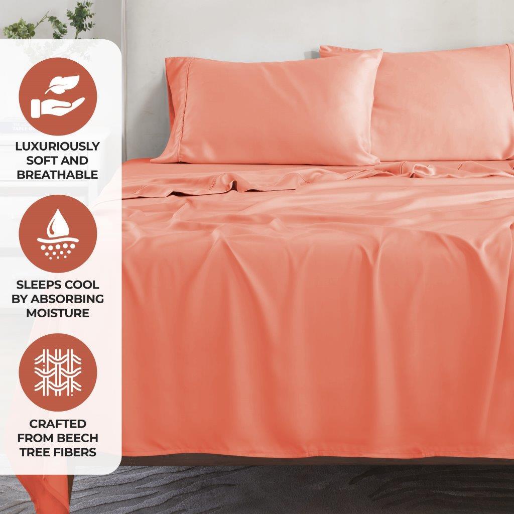 Coral 300 Thread Count Modal Sheets Set made from beechwood promotional feature graphic showcasing breathability, moisture absorption, and beechwood material