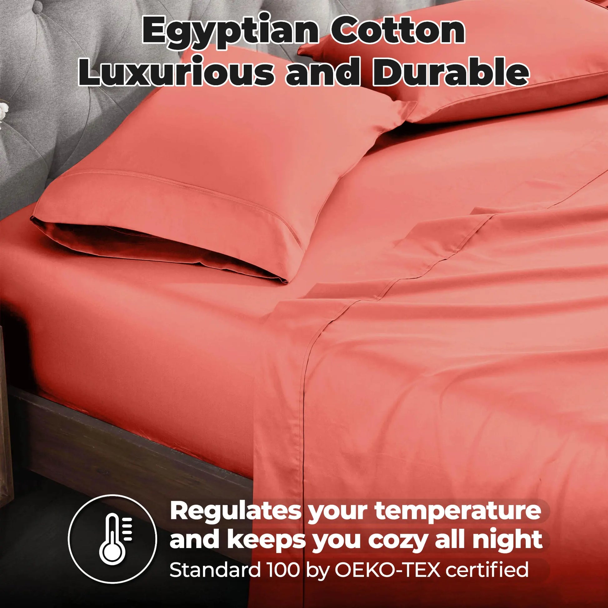 Coral 700 Thread Count Egyptian Cotton Sateen Bed Sheet Set promotional lifestyle image with features